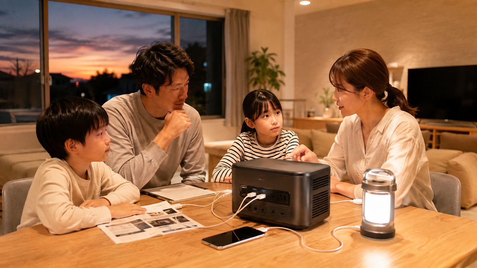 防災用ポータブル電源の選び方を家族で検討している様子