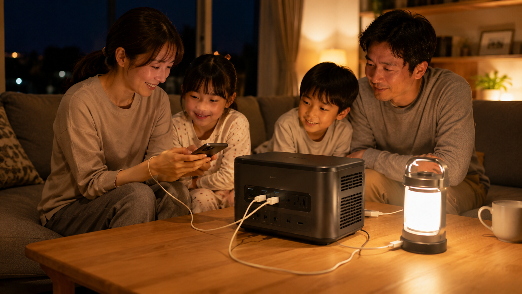 停電した夜、家庭用蓄電機器を使って安心して過ごす家族
