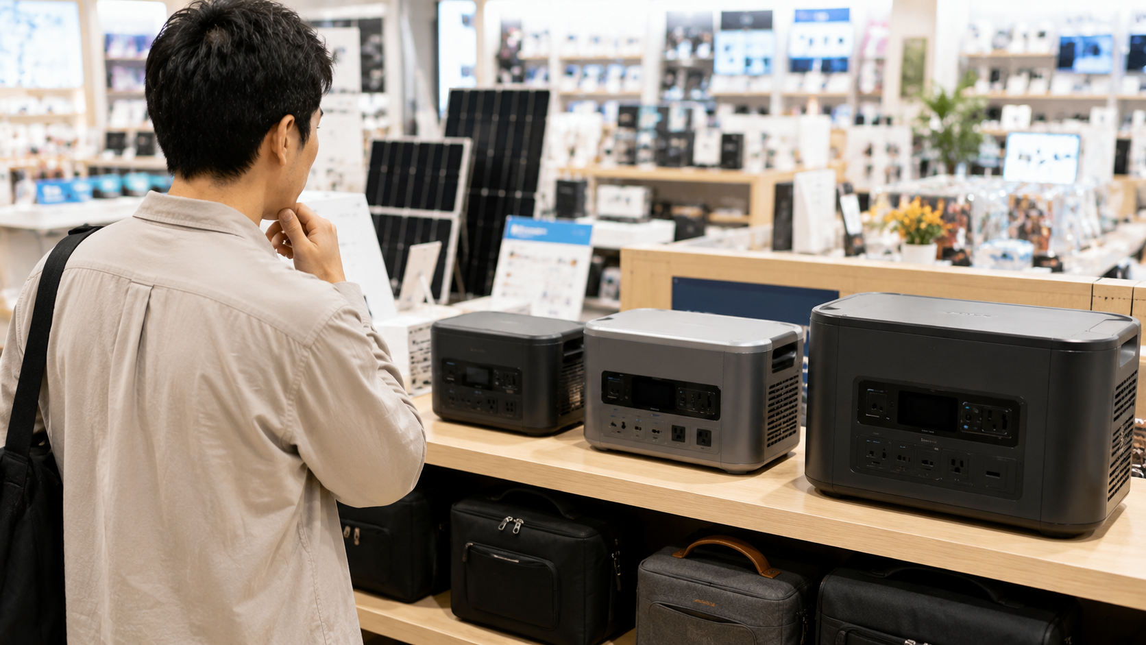店頭でポータブル電源のモデルを比較検討している様子