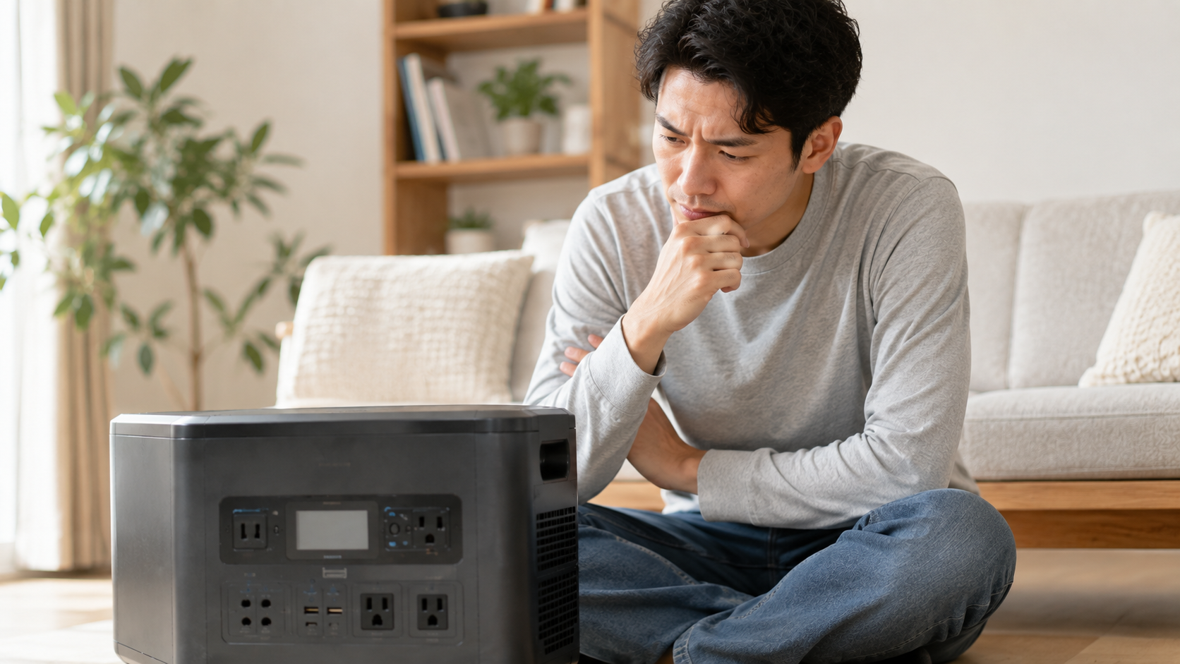 使わなくなったポータブル電源を前に処分方法を考えている様子