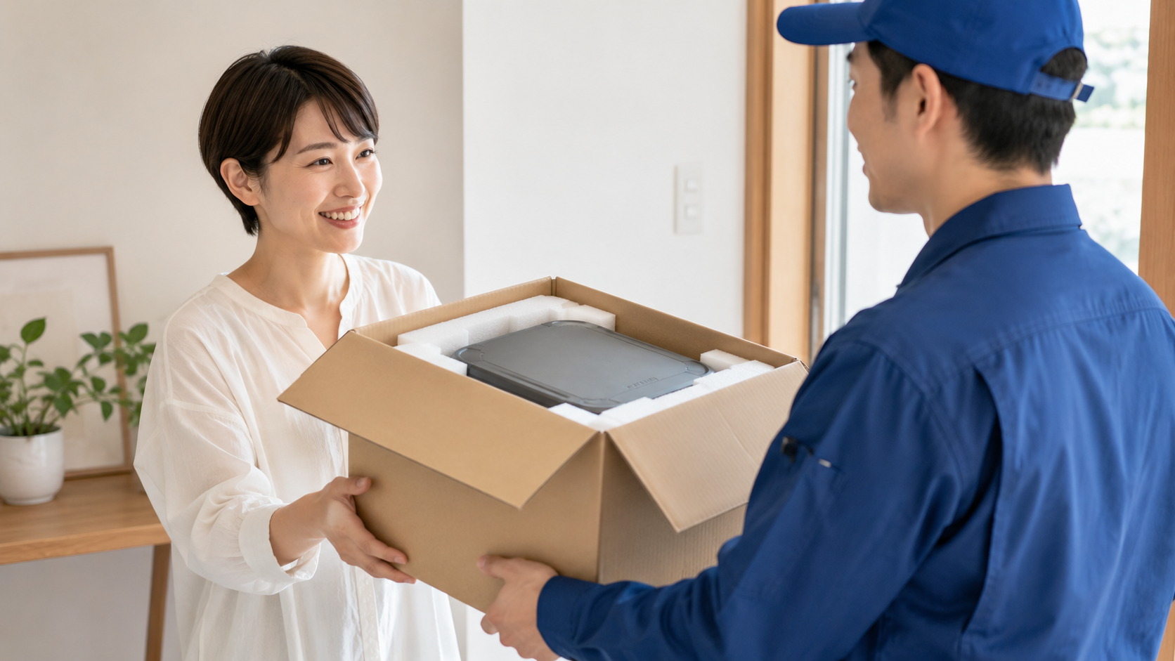 梱包したポータブル電源を配送業者に手渡している様子