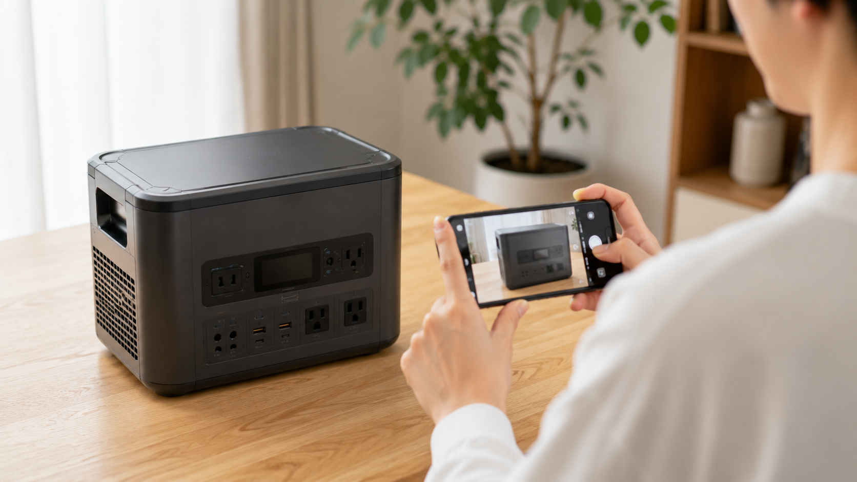 フリマアプリに出品するためポータブル電源を撮影している様子