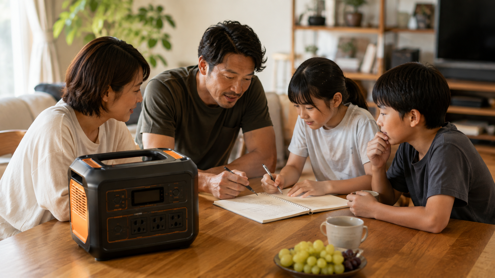 家族で停電時に使いたい家電を話し合っている様子