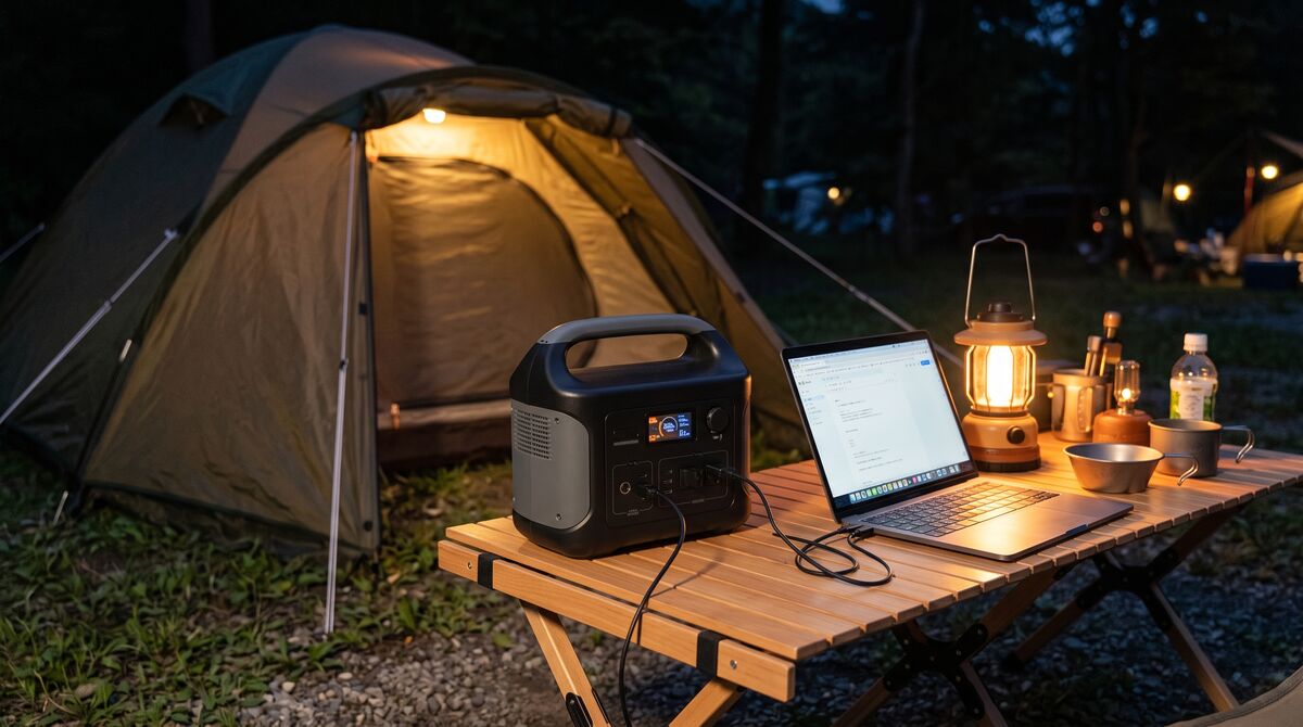 キャンプの夜にポータブル電源300Dでランタンやノートパソコンを使っている様子