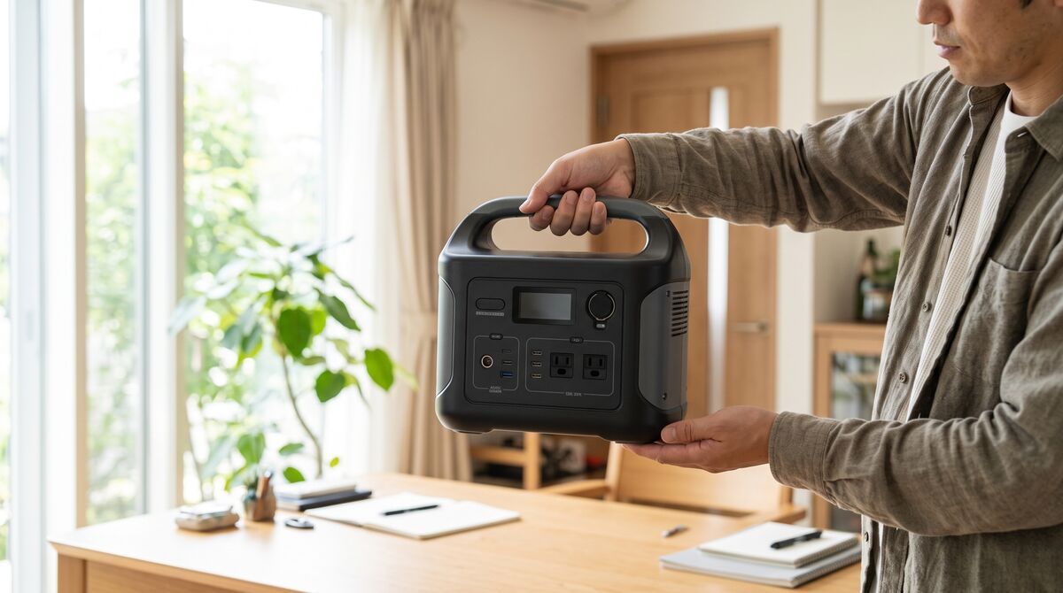 ポータブル電源300Dを片手で持ち上げて軽さを確認している様子