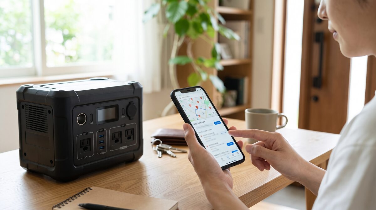 スマートフォンの地図アプリで黒いポータブル電源の販売店を探している様子
